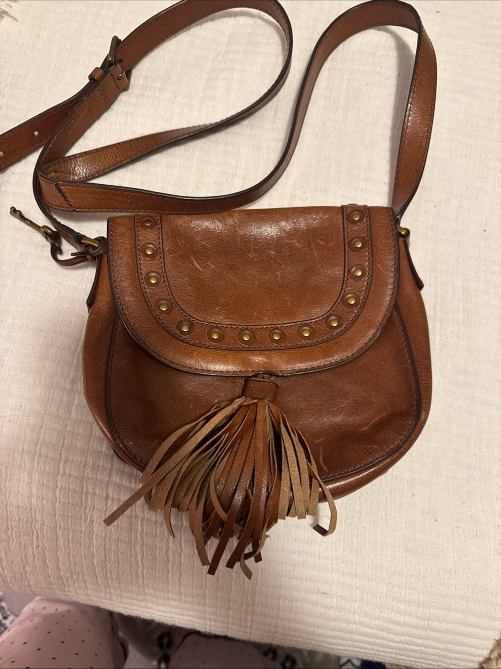 Fossil Tan Leather Tassel Saddle Crossbody Bag